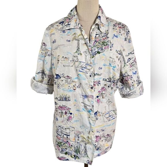 Alia White Colorful Beach Theme Illustrated Button-Up Shirt - Picture 1 of 7